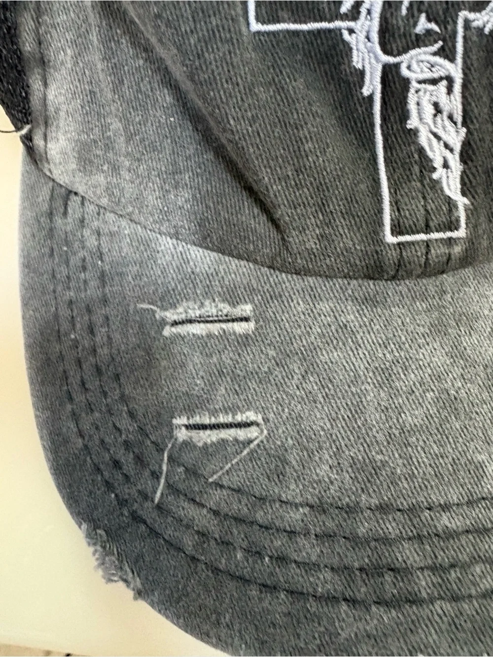 Distressed Gray Trucker Cap with White Cross & Embroidered Portrait
